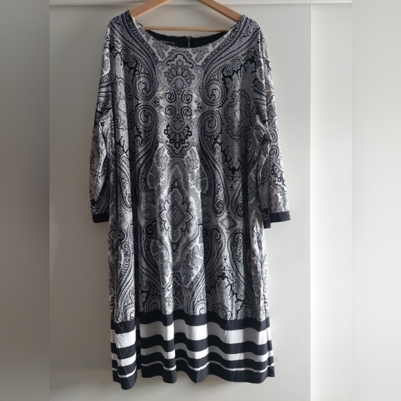 Paisley Pattern Art To Wear Stretch Knit Knee Length Sheath Dress Black White 3X - Picture 2 of 8